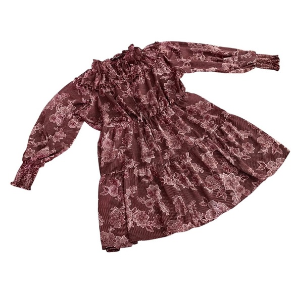 ELOQUII Elements Wine Floral Satin Dress Plus Size 14/16 Ruffle Yoke Long Sleeve - Picture 6 of 15
